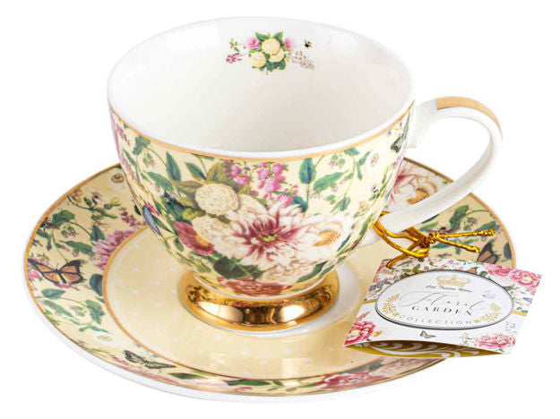 FLORAL GARDEN POWDER BLUE TEACUP AND SAUCER SET