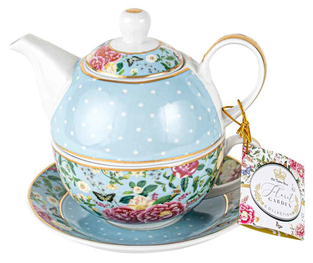 FLORAL GARDEN POWDER BLUE TEA FOR ONE SET