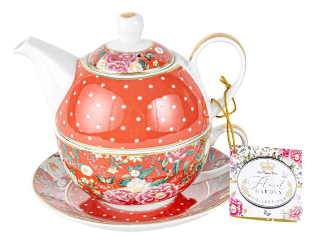 FLORAL GARDEN RED TEA FOR ONE SET