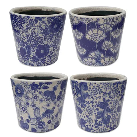 16X14CM VINT BLUE/WHI FLORAL PLANTER ASSORTED DESIGNS