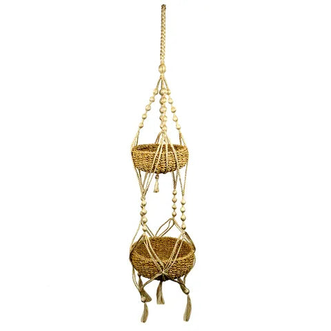 Si 2 Tier Seagrass Hanging Basket with Macrame Rope Set