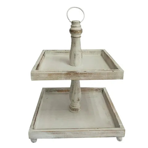 CAPE 2 TIER SQ STAND 34X41.5CM WHT WASH